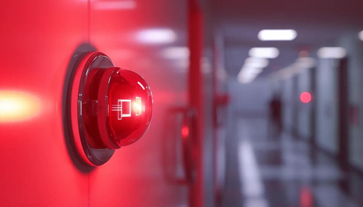 Red fire alarm bell on a hallway wall