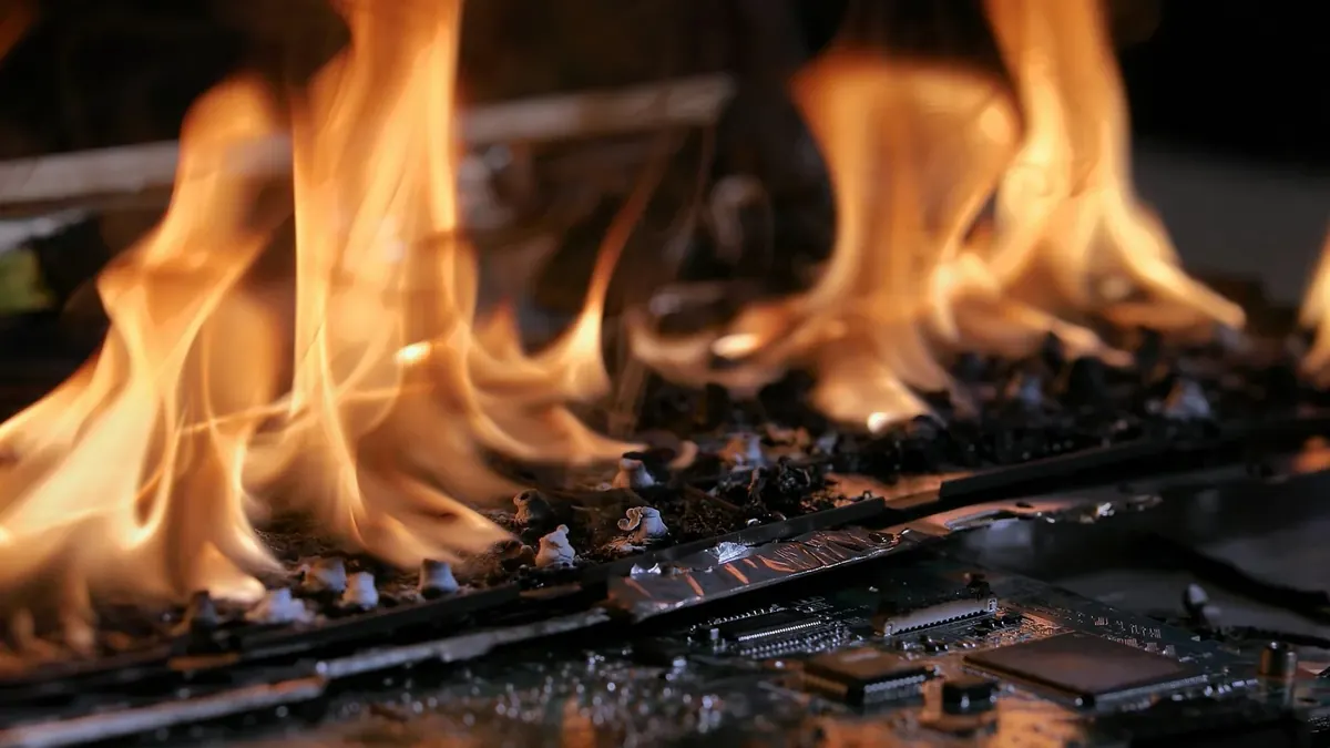 Flames burning over a charred circuit board and electronic parts
