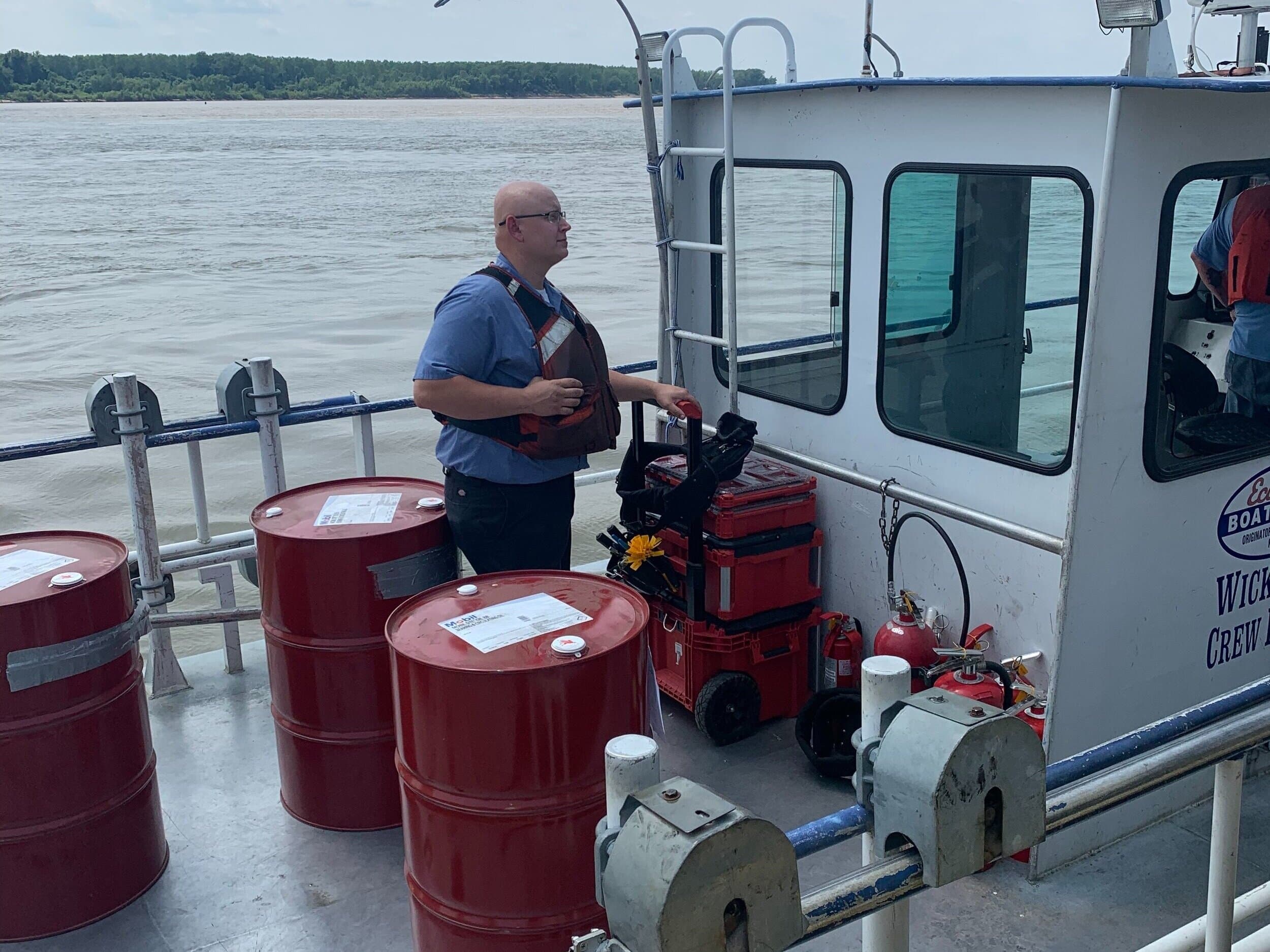 First-Line on a river vessel with extinguishers on the cabin